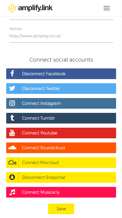amplify.link edit profile page